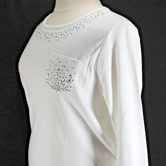 Quacker Factory Knit Top Womens Sz XL White Jewel Embellished 3/4 Sleeve Cotton - Picture 4 of 7